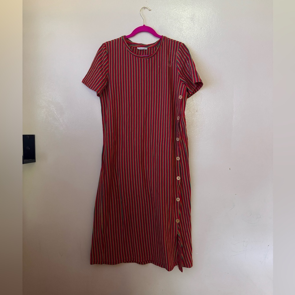 Zara Red Striped Midi Dress with Button Detail